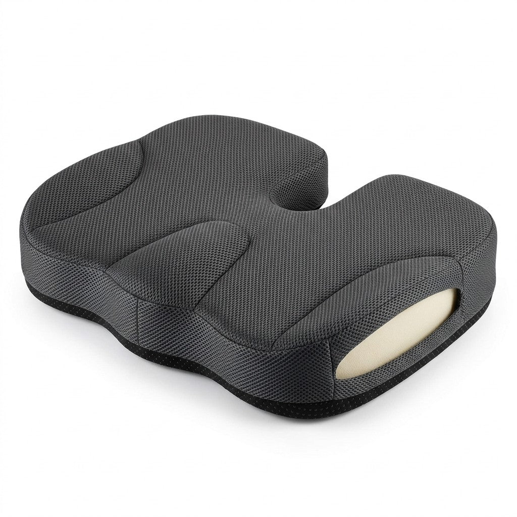 Holdform orthopedic seat cushion, charcoal mesh, three-quarter view