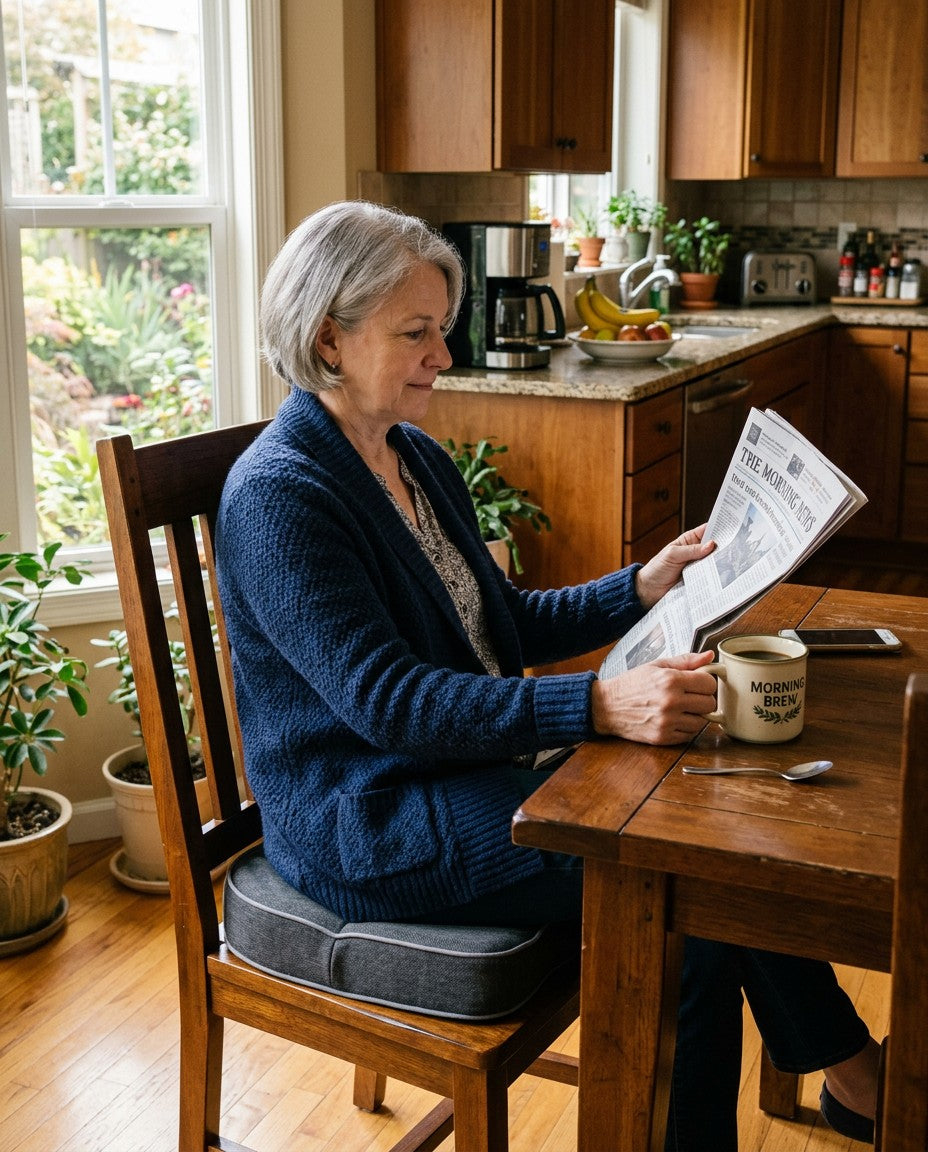 Woman in her sixties reading at the kitchen table, seated on the cushion